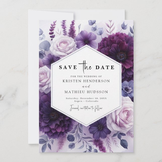 Save The Date Mariage floral violet à fleurs modifiable (Devant)