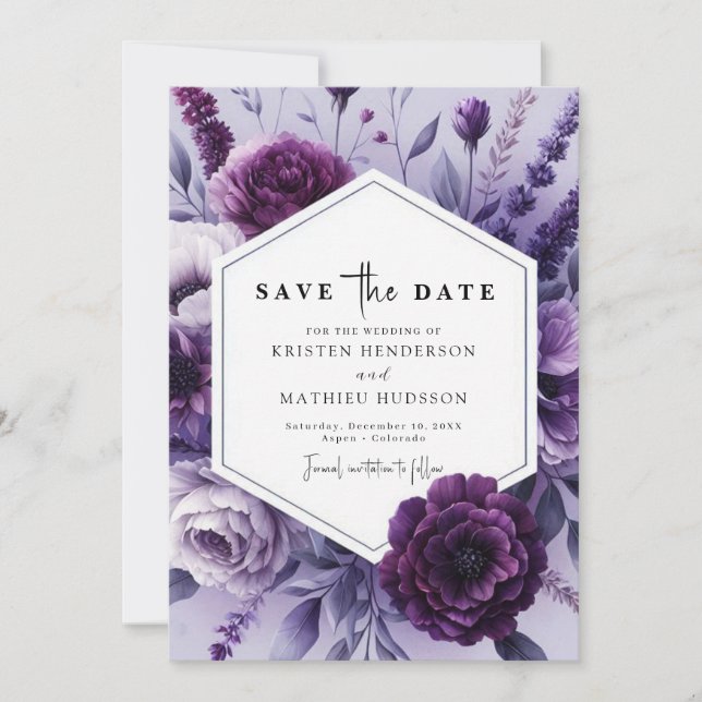 Save The Date Mariage floral violet blanc modifiable (Devant)