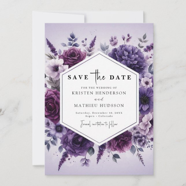 Save The Date Mariage floral violet botanique moderne (Devant)