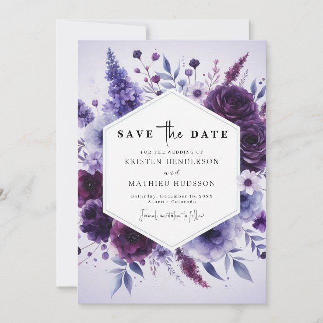 Save The Date Mariage floral violet de champ unique (Devant)