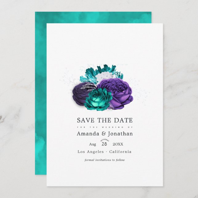 Save The Date Mariage floral violet et turquoise Photo Save the (Devant / Derrière)