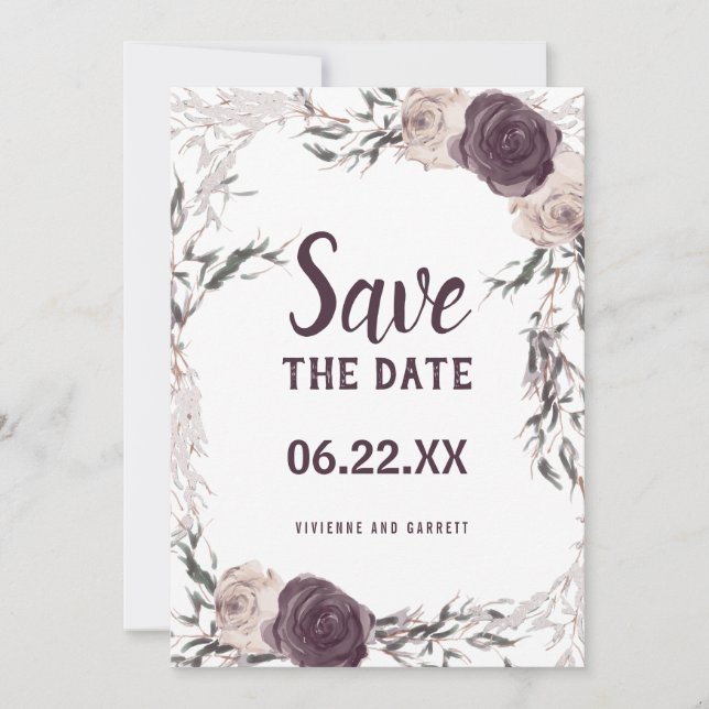 Save The Date Mariage floral violet foncé et rose pâle (Devant)