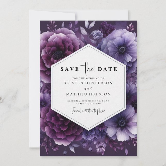 Save The Date Mariage floral violet imprimable (Devant)