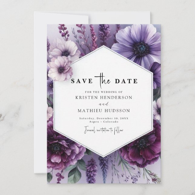 Save The Date Mariage floral violet imprimable classique (Devant)