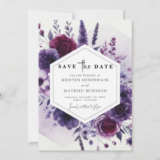 Save The Date Mariage floral violet minimal numérique (Devant)
