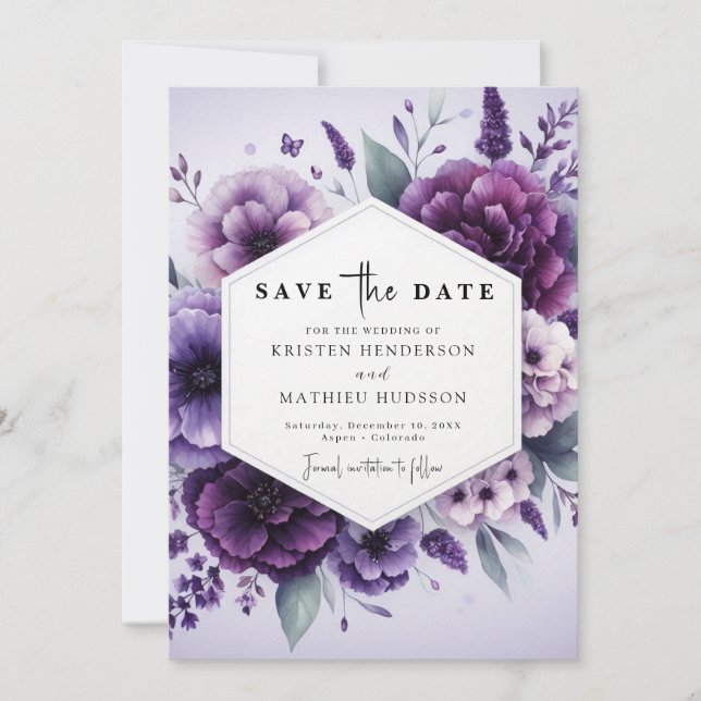 Save The Date Mariage floral violet numérique chic (Devant)