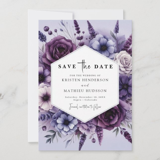 Save The Date Mariage floral violet numérique moderne (Devant)