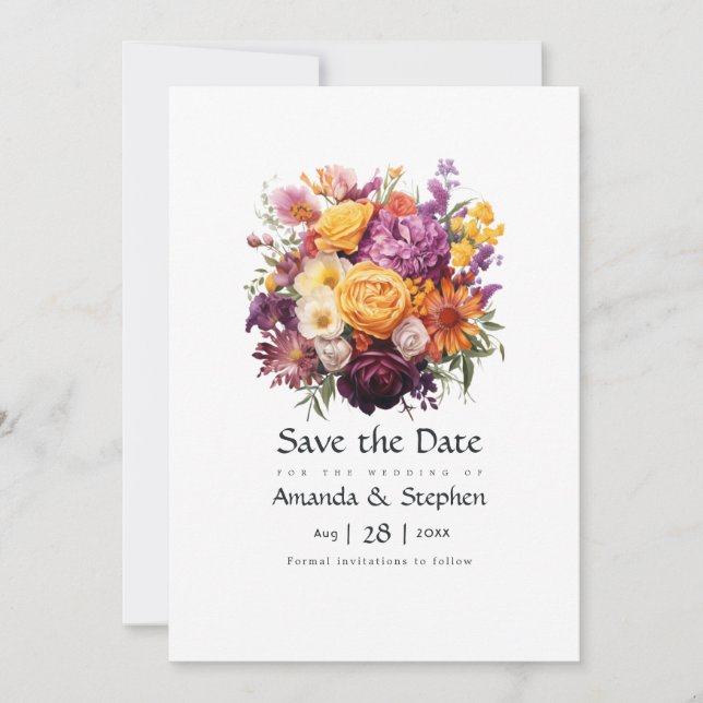 Save The Date Mariage floral violet, orange et jaune (Devant)