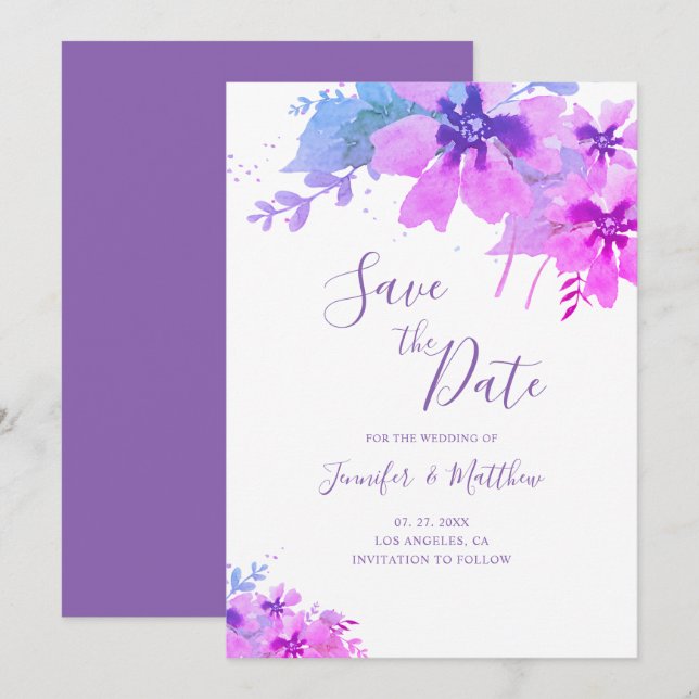Save The Date Mariage floral violet romantique Enregistrer la ca (Devant / Derrière)