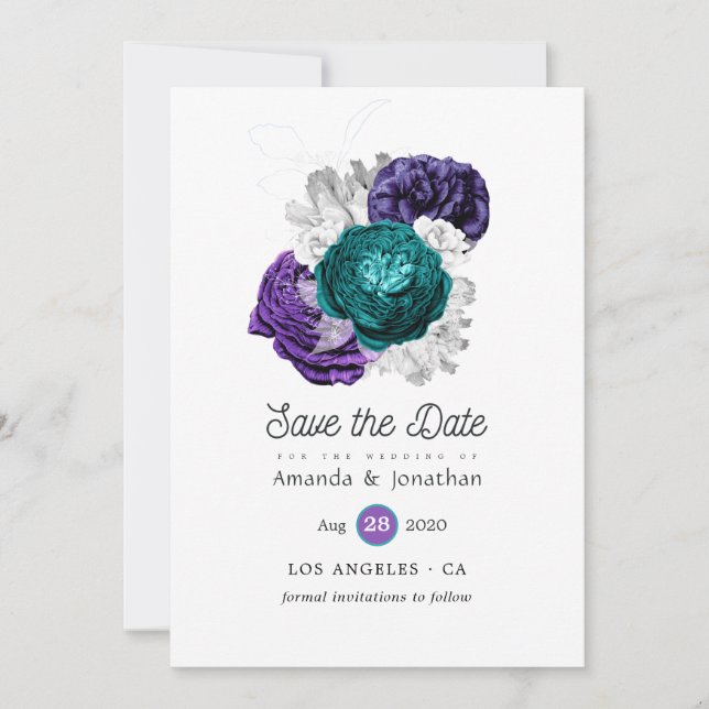 Save The Date Mariage floral violet rustique et turquoise (Devant)