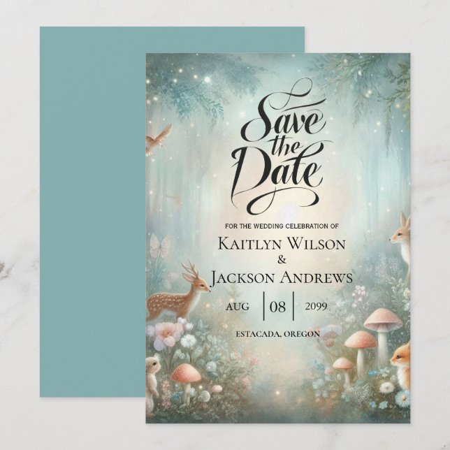 Save The Date Mariage forestier turquoise et de pêche enchantée (Devant / Derrière)