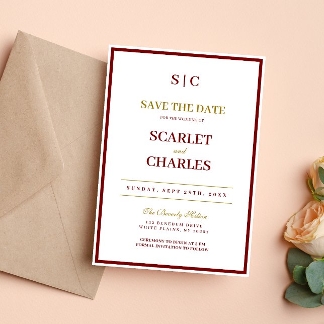 Save The Date Mariage Formel Classique avec Monogramme en Bourgo (Burgundy and gold monogram save the date builds excitement with a refined, personal touch.)