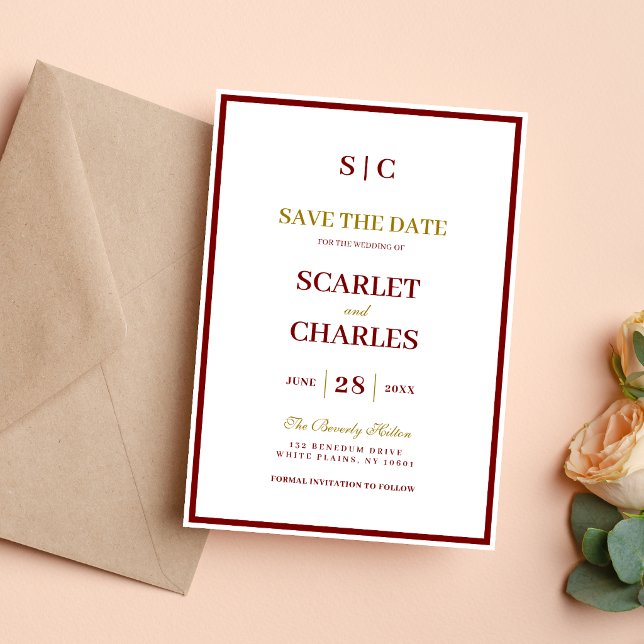 Save The Date Mariage Formel Classique avec Monogramme en Bourgo (Burgundy and gold monogram save the date announces your wedding with elegant, personal style.)