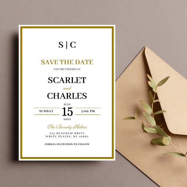 Save The Date Mariage Formel Classique Monogramme Noir Or (Formal black and gold monogram save the date card sets a timeless tone for your wedding.)