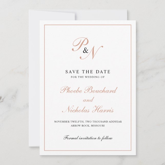 Save The Date Mariage Formel Élégant Monogramme Or Rose (Devant)