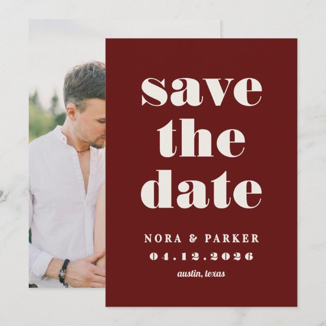 Save The Date Mariage Formel Moderne Bourgogne & Ivoire (Devant / Derrière)