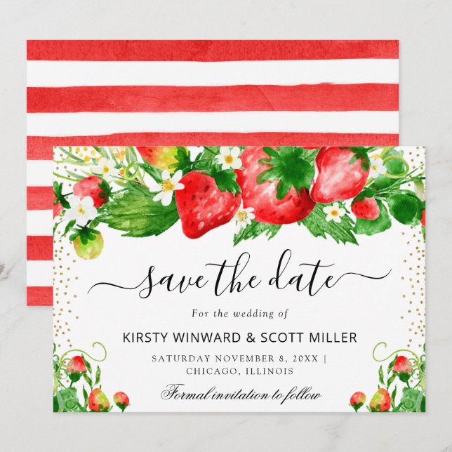 Save The Date Mariage Fraises et Fleurs d'Été (Devant / Derrière)
