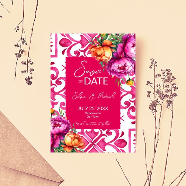 Save The Date Mariage Fuchsia Majolica carreaux oranges (Fuchsia Majolica tiles orange pink peonies wedding Save The Date card invitation template digital)