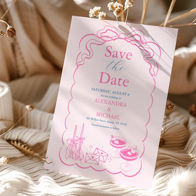 Save The Date Mariage funky rétro à la tour de champagne dessiné (Créateur téléchargé)