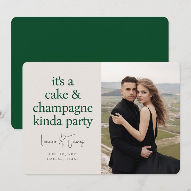 Save The Date Mariage gâteau champagne typographie verte  (Devant / Derrière)