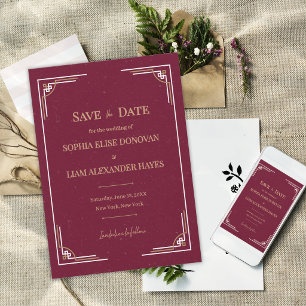 Save The Date Mariage Gatsby Art Déco Or et Bourgogne Tenue de S