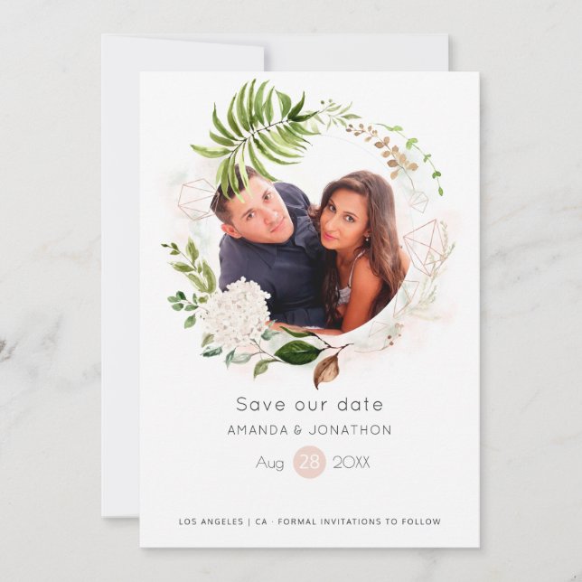 Save The Date Mariage géométrique à la verdure avec or rose et r (Devant)