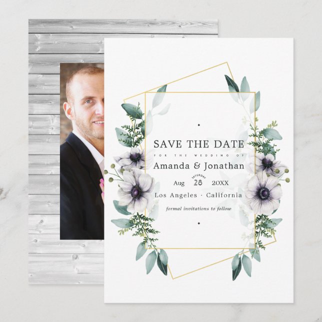 Save The Date Mariage géométrique à l'anémone et à l'eucalyptus  (Devant / Derrière)