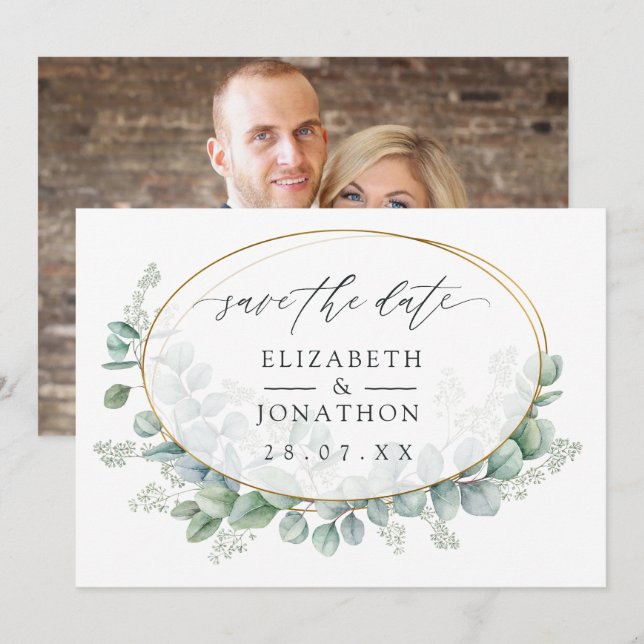 Save The Date Mariage géométrique à l'aquarelle eucalyptus (Devant / Derrière)