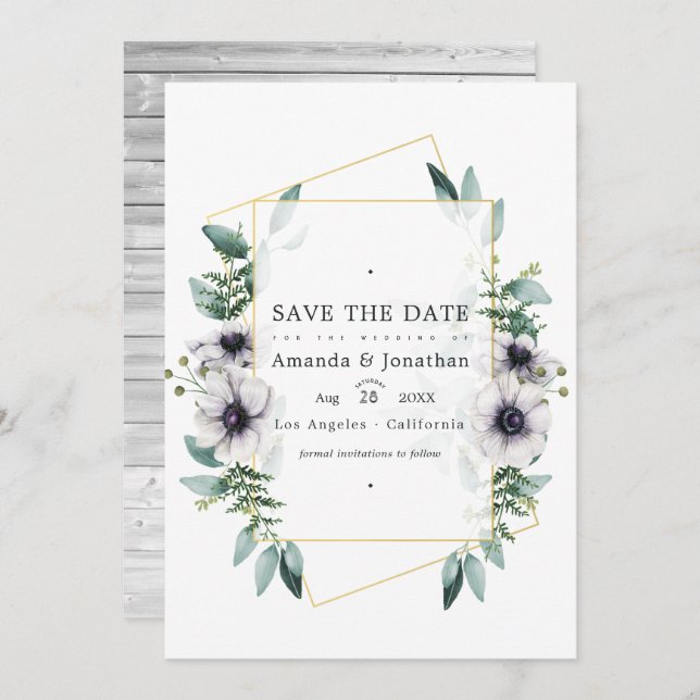 Save The Date Mariage géométrique à l'aquarelle Eucalyptus Anémo (Devant / Derrière)