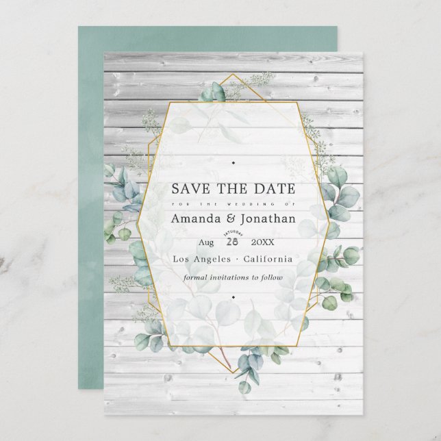 Save The Date Mariage géométrique à l'aquarelle rustique eucalyp (Devant / Derrière)