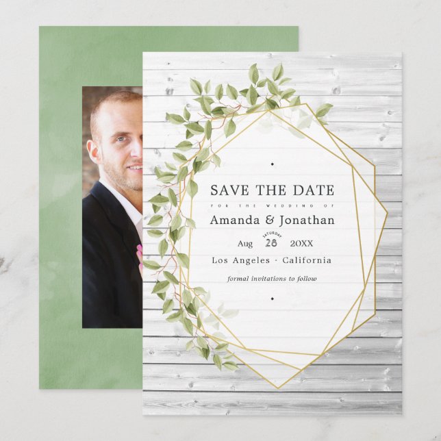 Save The Date Mariage géométrique à l'aquarelle rustique verdoya (Devant / Derrière)