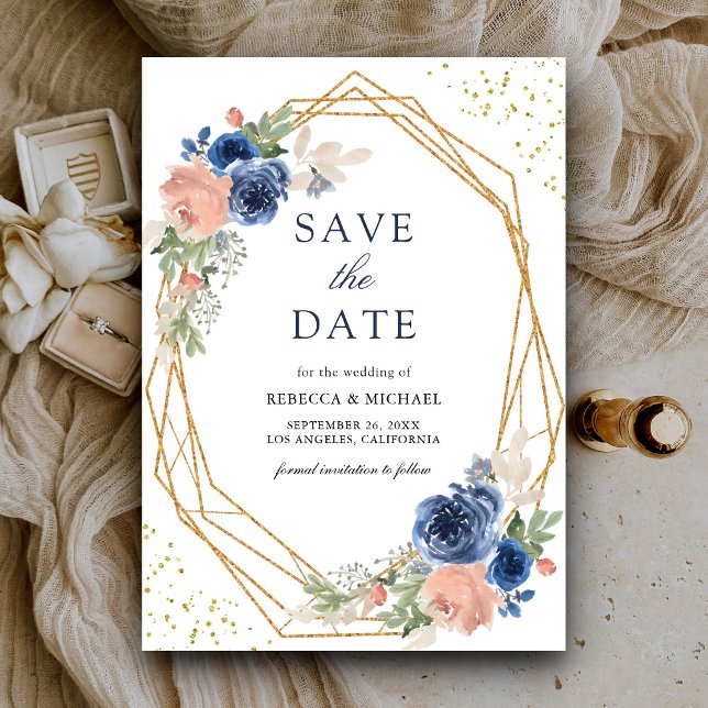 Save The Date Mariage géométrique bleu bleu bleu bleu rose rose (Créateur téléchargé)