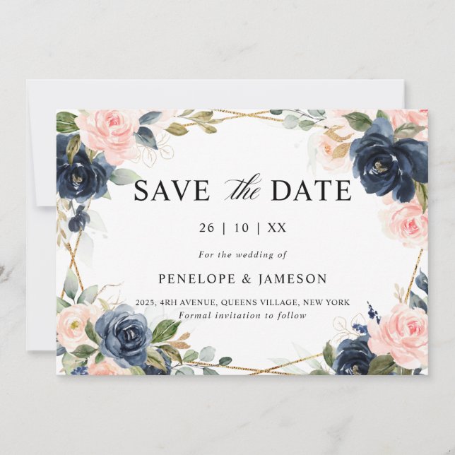 Save The Date Mariage géométrique bleu clair de marine (Devant)