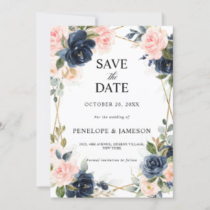 Save The Date Mariage géométrique Blush de la marine en bois rus