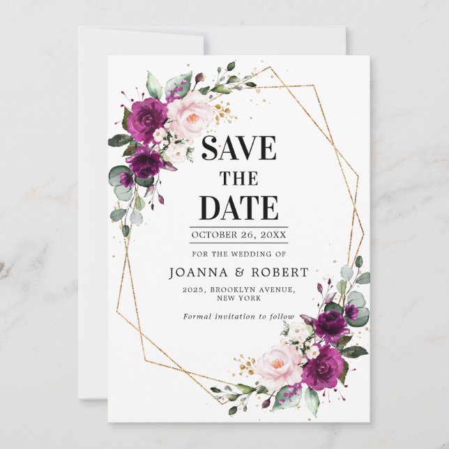Save The Date Mariage géométrique bohème Rose rose blush Violet  (Devant)