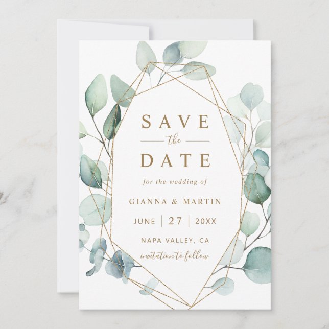 Save The Date Mariage géométrique de feuillage vert Gold Script (Devant)