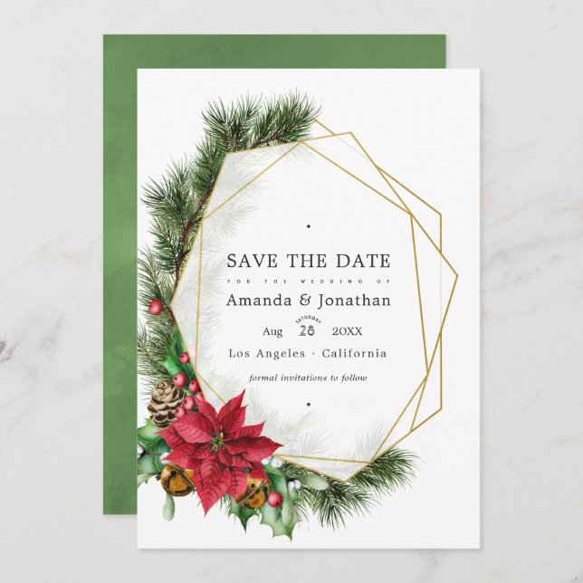 Save The Date Mariage géométrique de Noël floral aquarelle (Devant / Derrière)