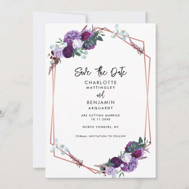 Save The Date Mariage géométrique élégant à fleurs violettes (Devant)