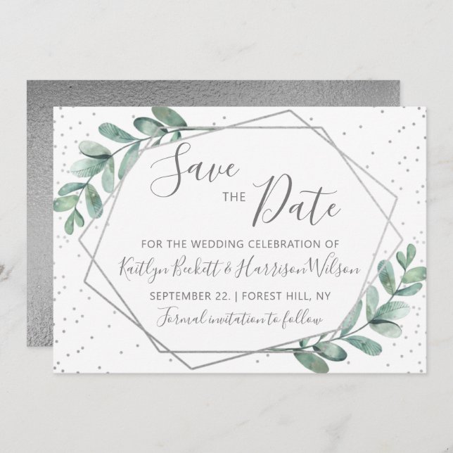 Save The Date Mariage géométrique en argent Eucalyptus (Devant / Derrière)
