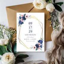 Mariage géométrique floral bleu marine et blush