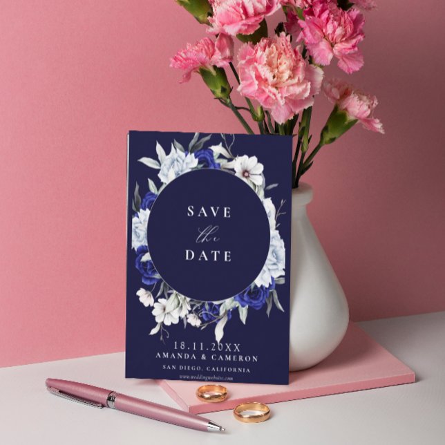 Save The Date Mariage Géométrique Floral Bleu Poussiéreux Élégan (Créateur téléchargé)
