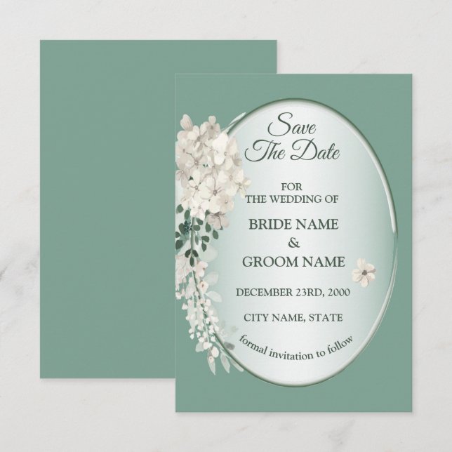 Save The Date Mariage Géométrique Floral Vert Jasmin Blanc (Devant / Derrière)