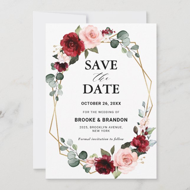 Save The Date Mariage Géométrique Moderne Floral Rose Bourgogne (Devant)