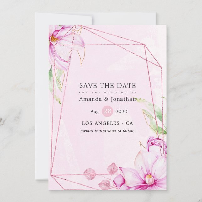 Save The Date Mariage géométrique rose Gold et rose Magnolia (Devant)