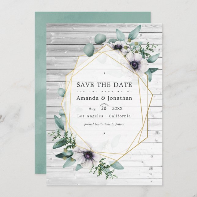 Save The Date Mariage géométrique rustique eucalyptus anémone (Devant / Derrière)