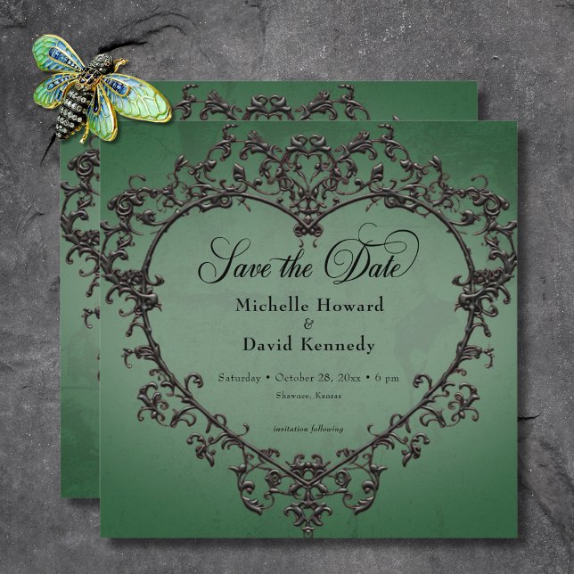 Save The Date Mariage gothique à cœur filigrané noir et vert (Gothic Black & Green Filigree Heart Wedding Save The Date)
