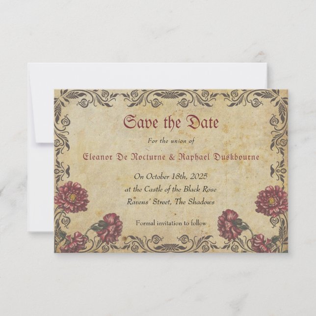 Save The Date Mariage gothique avec fleurs sombres  (Devant)