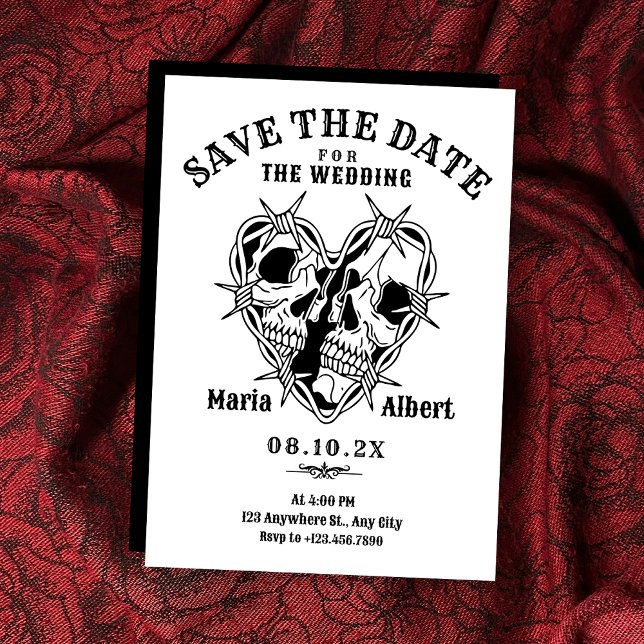 Save The Date Mariage gothique de couple de crânes noir et blanc (Créateur téléchargé)