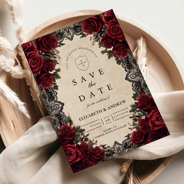 Save The Date Mariage gothique élégant à la rose rouge de romanc (Créateur téléchargé)