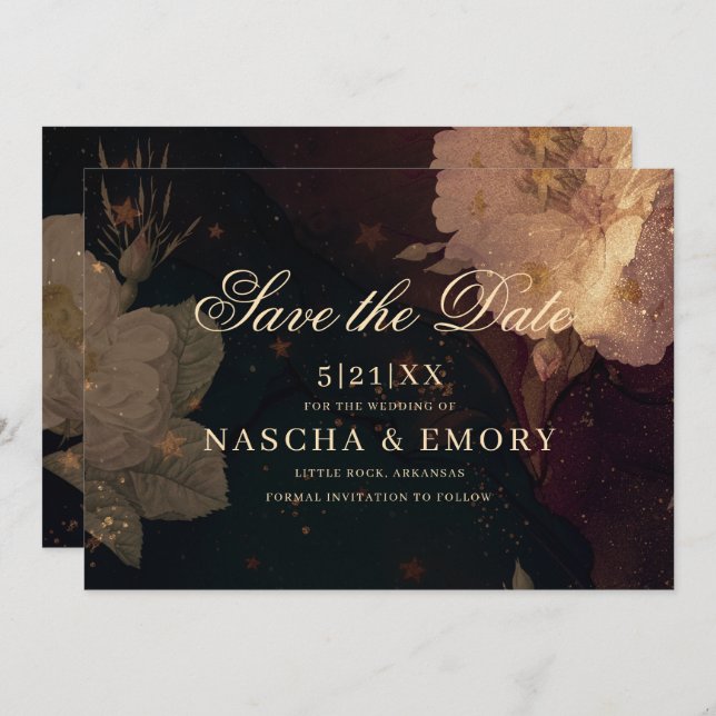 Save The Date Mariage gothique élégant rouge foncé Floral Boho (Devant / Derrière)